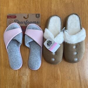 🎁NWT 2 Pair Memory Foam Dearfoams Pink/Gray and Brown and White Slide Slippers
